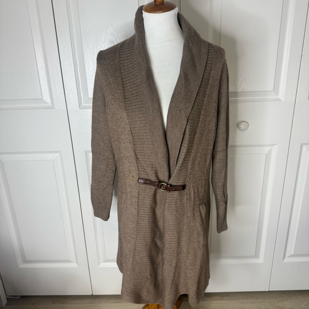 Ellen Tracy Brown Merino Wool Blend Leather Buckle Long Cardigan Sweater 1X Fall